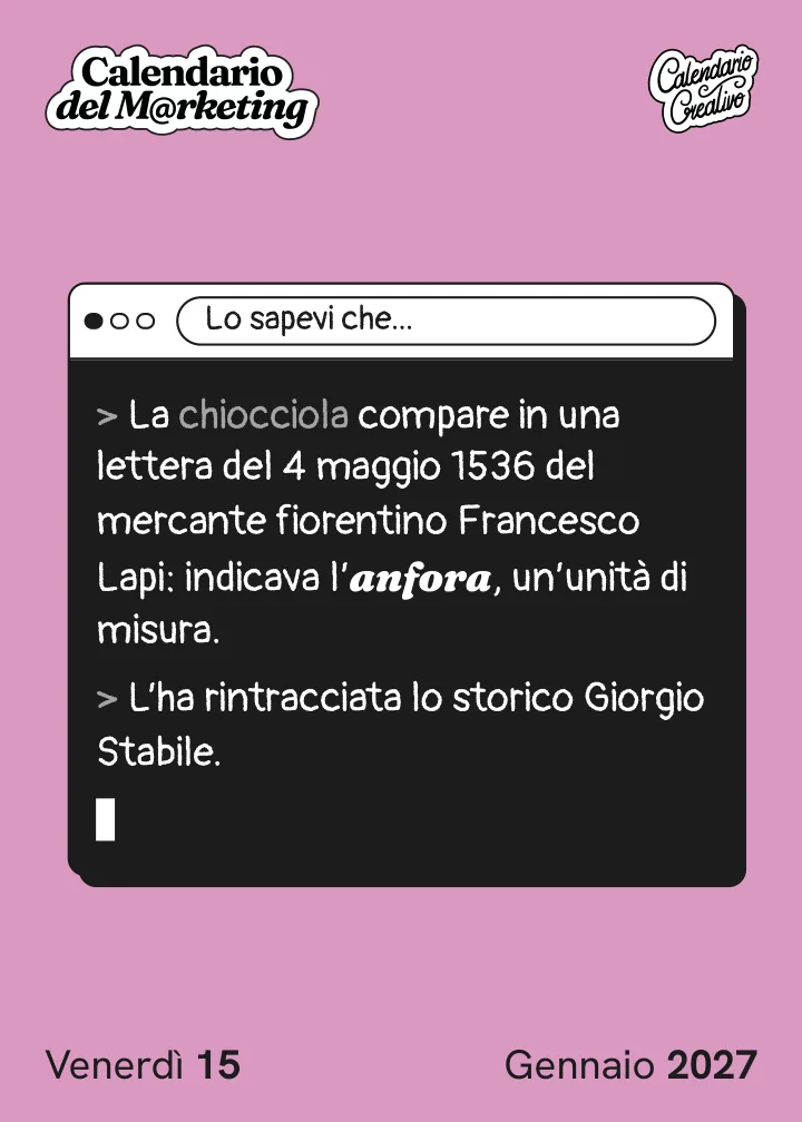 Foglio di venerdì 15 gennaio 2027 del Calendario del Marketing 2027: Lo sapevi che...