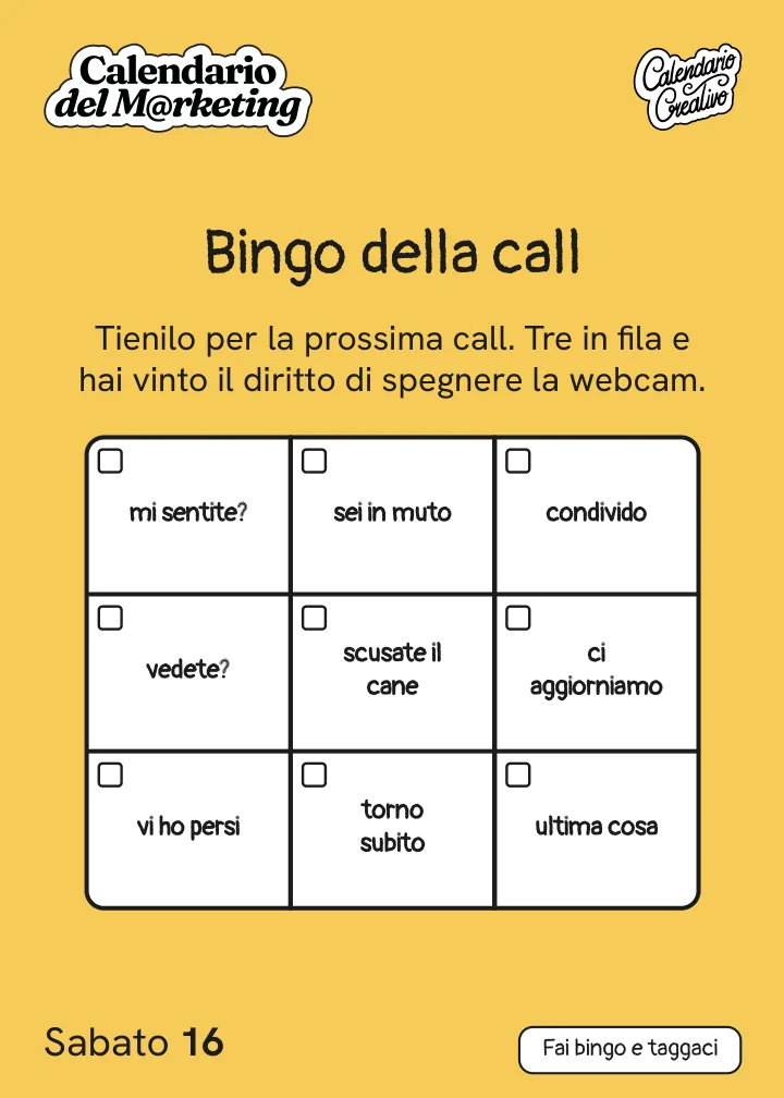 Foglio di sabato 16 gennaio 2027 del Calendario del Marketing 2027: Bingo della call