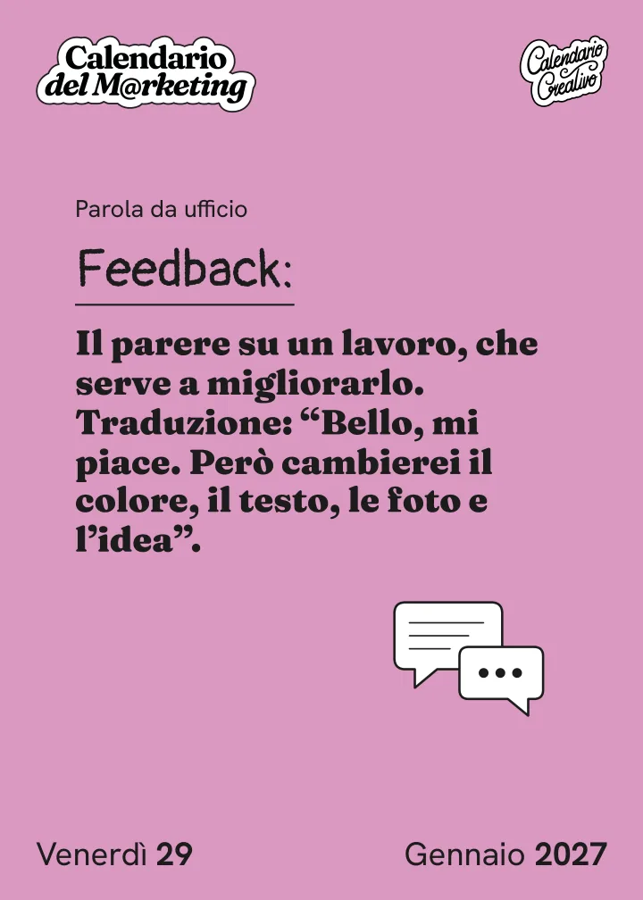 Foglio di venerdì 29 gennaio 2027 del Calendario del Marketing 2027: Feedback