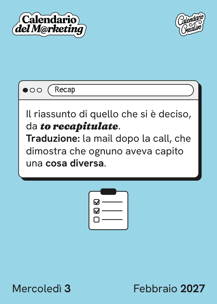 Foglio di mercoledì 3 febbraio 2027 del Calendario del Marketing 2027: Recap