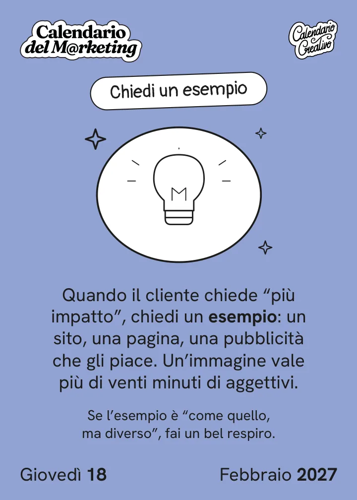 Foglio di giovedì 18 febbraio 2027 del Calendario del Marketing 2027: Chiedi un esempio
