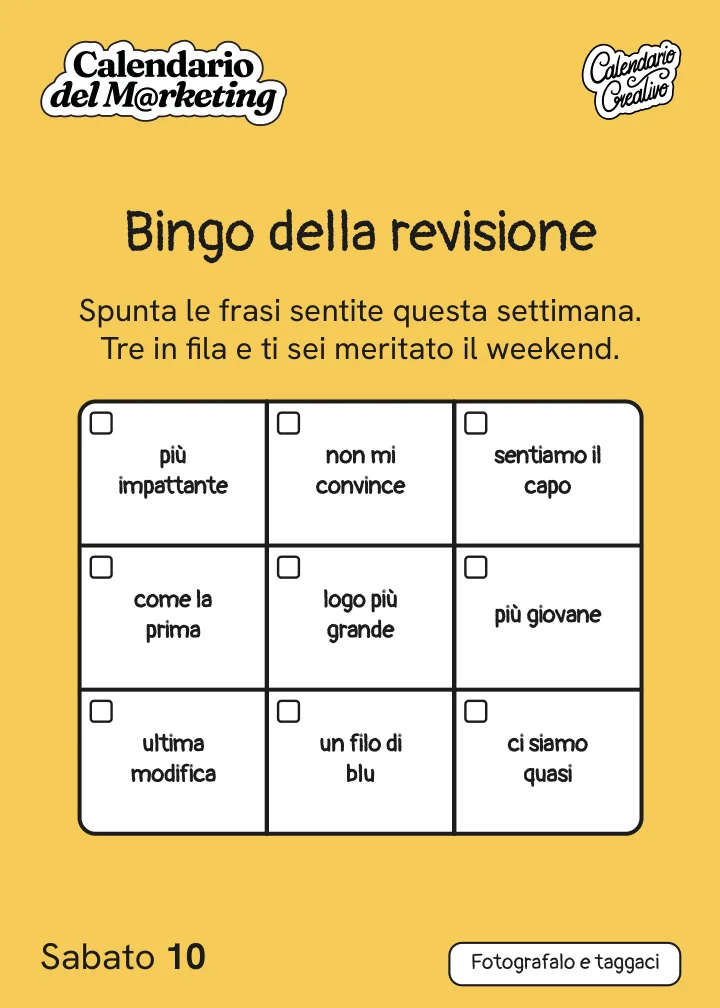 Foglio di sabato 10 aprile 2027 del Calendario del Marketing 2027: Bingo della revisione