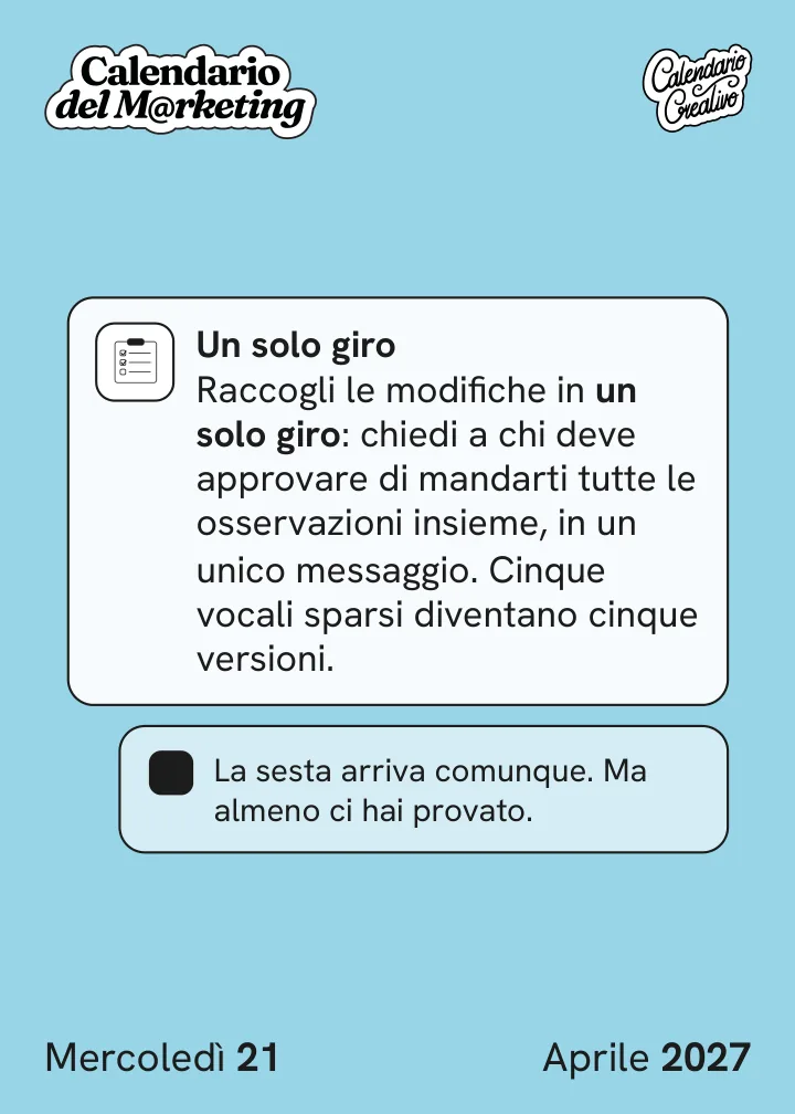 Foglio di mercoledì 21 aprile 2027 del Calendario del Marketing 2027: Un solo giro