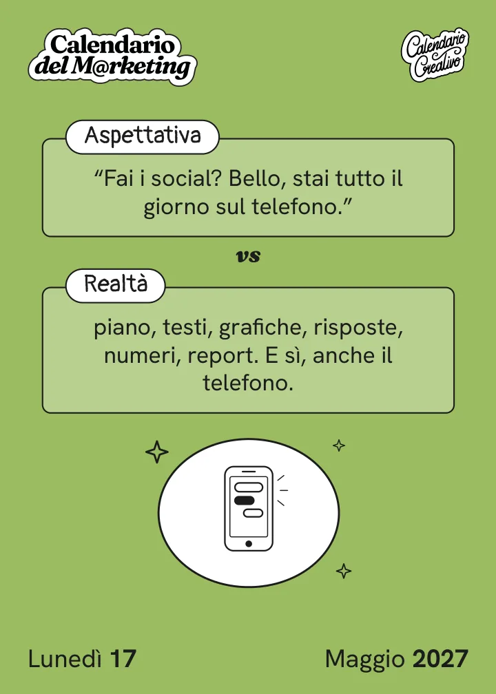 Foglio di lunedì 17 maggio 2027 del Calendario del Marketing 2027: Aspettativa / Realtà