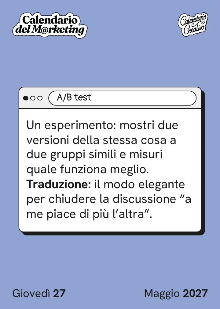 Foglio di giovedì 27 maggio 2027 del Calendario del Marketing 2027: A/B test