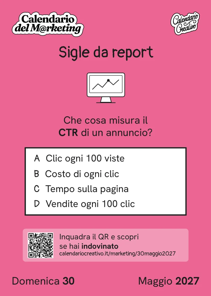 Foglio di domenica 30 maggio 2027 del Calendario del Marketing 2027: Sigle da report
