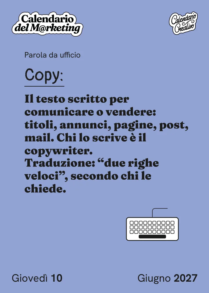 Foglio di giovedì 10 giugno 2027 del Calendario del Marketing 2027: Copy