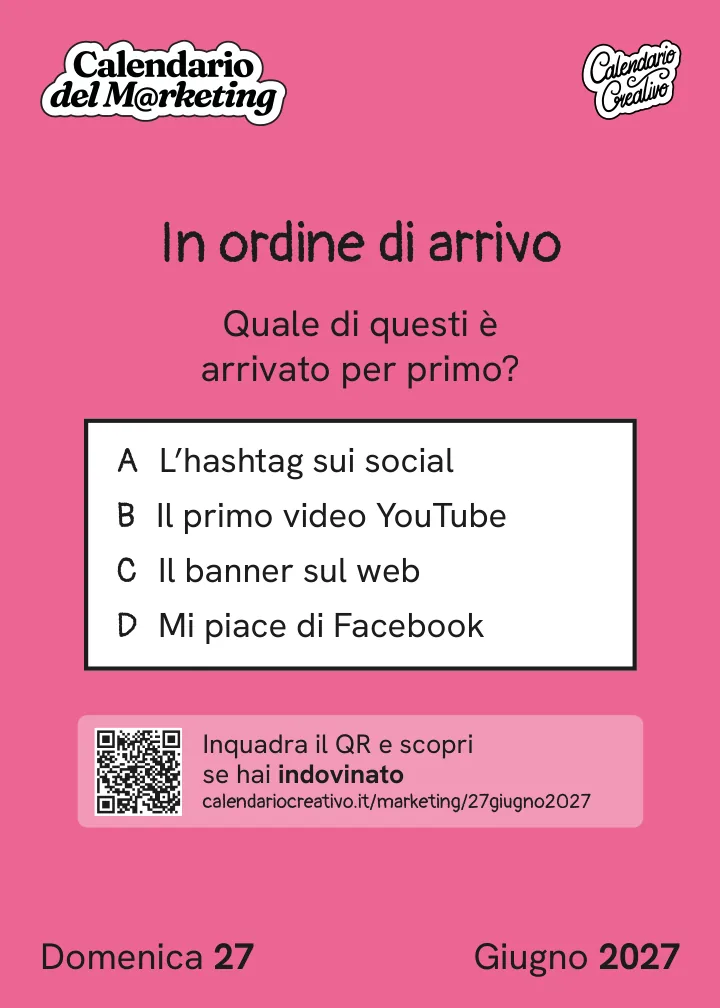 Foglio di domenica 27 giugno 2027 del Calendario del Marketing 2027: In ordine di arrivo