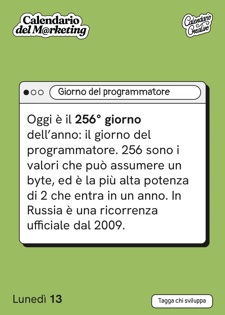 Foglio di lunedì 13 settembre 2027 del Calendario del Marketing 2027: Giorno del programmatore