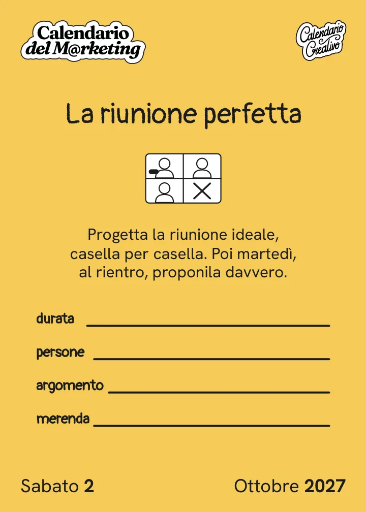 Foglio di sabato 2 ottobre 2027 del Calendario del Marketing 2027: La riunione perfetta