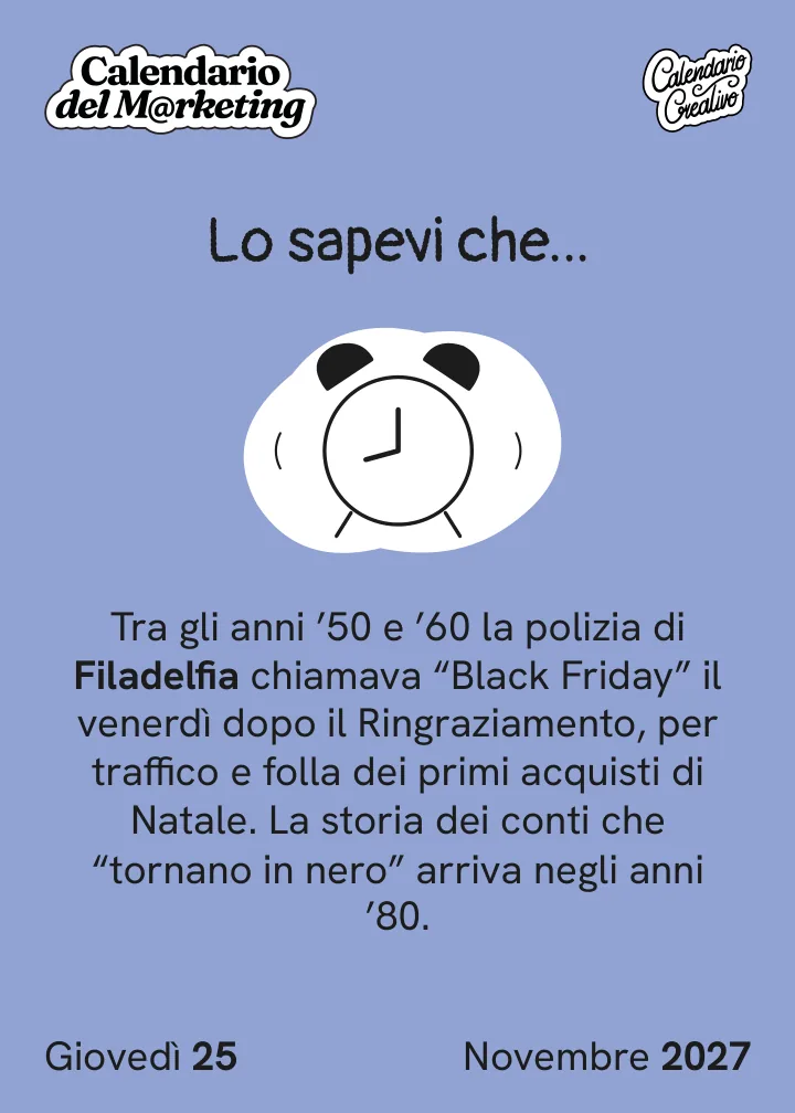Foglio di giovedì 25 novembre 2027 del Calendario del Marketing 2027: Lo sapevi che...