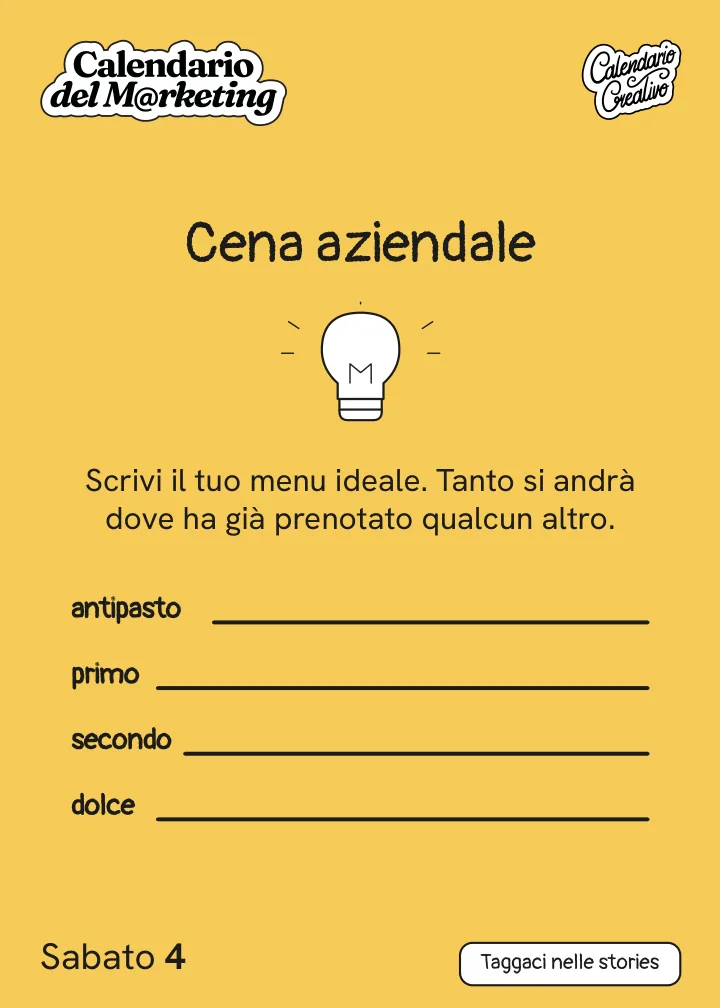 Foglio di sabato 4 dicembre 2027 del Calendario del Marketing 2027: Cena aziendale