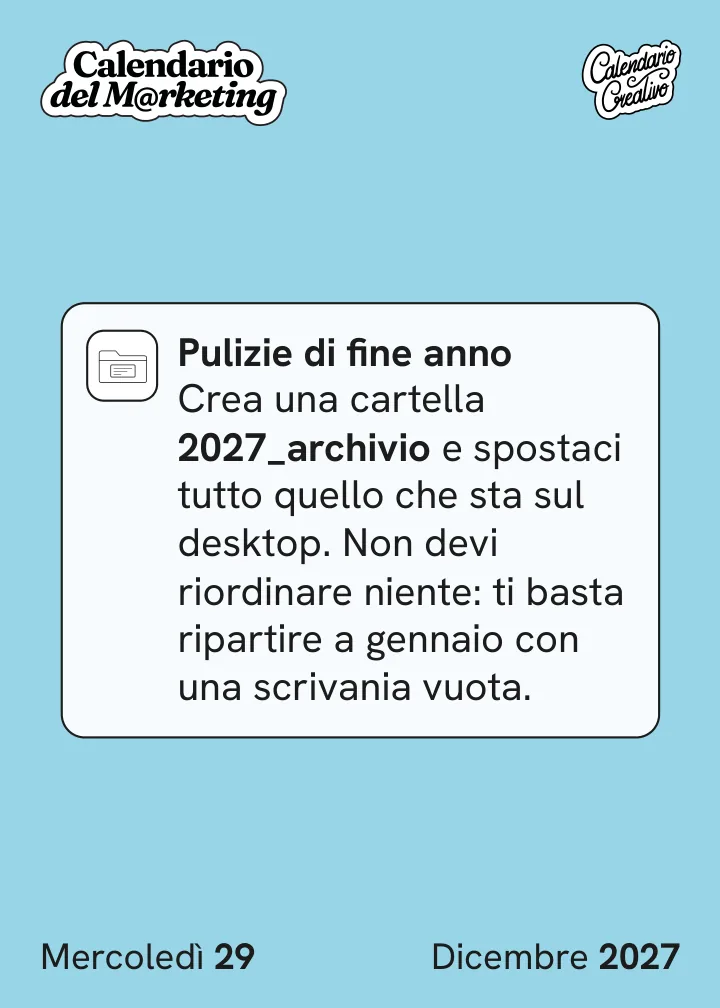Foglio di mercoledì 29 dicembre 2027 del Calendario del Marketing 2027: Pulizie di fine anno