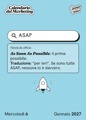 Foglio di mercoledì 6 gennaio 2027 del Calendario del Marketing 2027: ASAP