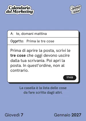 Foglio di giovedì 7 gennaio 2027 del Calendario del Marketing 2027: Prima le tre cose