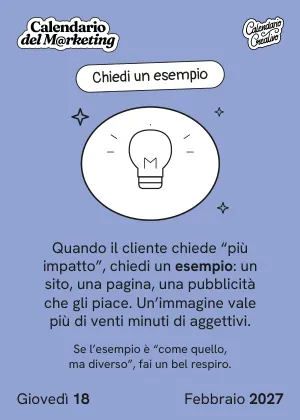 Foglio di giovedì 18 febbraio 2027 del Calendario del Marketing 2027: Chiedi un esempio