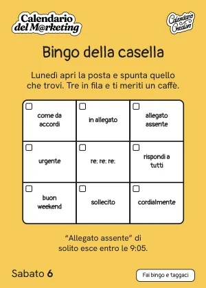 Foglio di sabato 6 marzo 2027 del Calendario del Marketing 2027: Bingo della casella