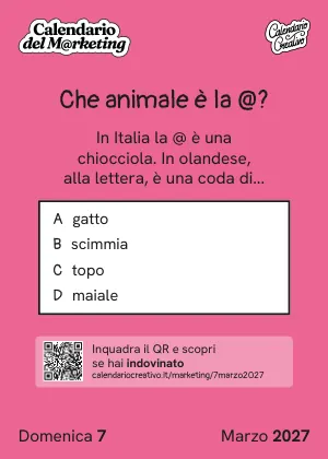 Foglio di domenica 7 marzo 2027 del Calendario del Marketing 2027: Che animale è la @?