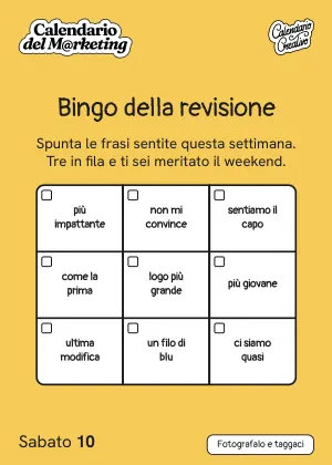 Foglio di sabato 10 aprile 2027 del Calendario del Marketing 2027: Bingo della revisione