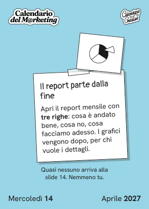 Foglio di mercoledì 14 aprile 2027 del Calendario del Marketing 2027: Il report parte dalla fine