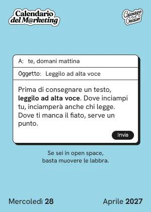 Foglio di mercoledì 28 aprile 2027 del Calendario del Marketing 2027: Leggilo ad alta voce