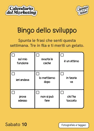 Foglio di sabato 10 luglio 2027 del Calendario del Marketing 2027: Bingo dello sviluppo