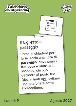 Foglio di lunedì 9 agosto 2027 del Calendario del Marketing 2027: Il biglietto di passaggio