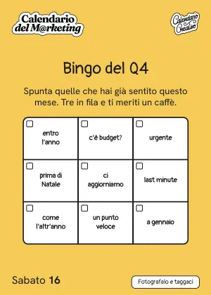 Foglio di sabato 16 ottobre 2027 del Calendario del Marketing 2027: Bingo del Q4