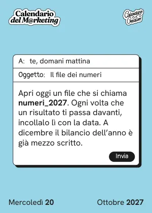 Foglio di mercoledì 20 ottobre 2027 del Calendario del Marketing 2027: Il file dei numeri
