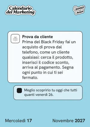 Foglio di mercoledì 17 novembre 2027 del Calendario del Marketing 2027: Prova da cliente