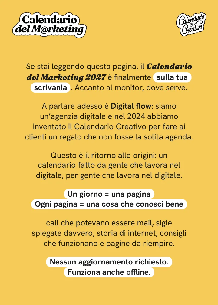 Prima pagina del calendario: il benvenuto di Digital flow