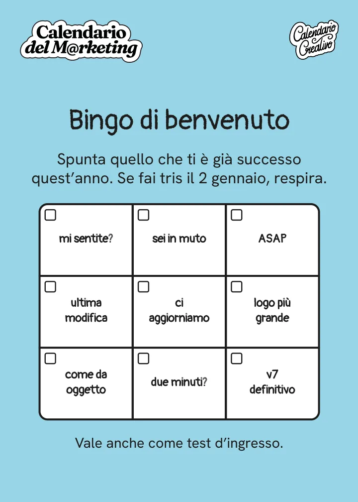 Pagina introduttiva del calendario: il bingo di benvenuto